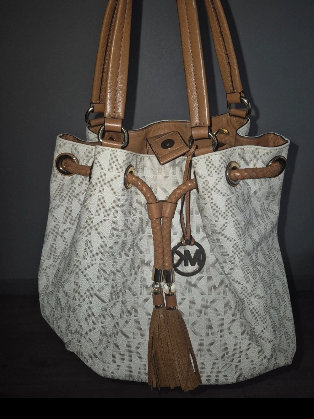 Michael Kors White and Tan Logo Drawstring Tote with Tassel Charm